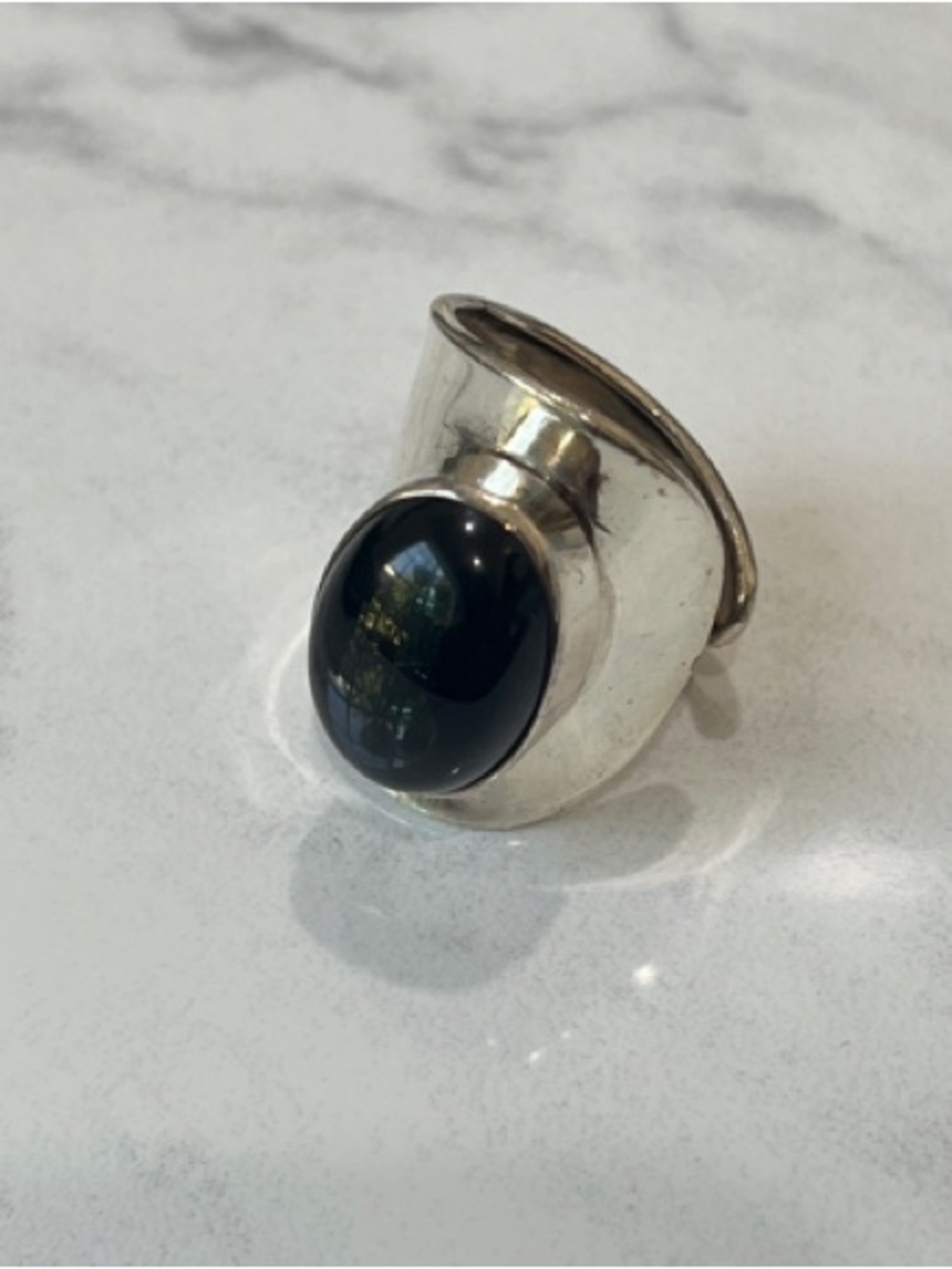Sterling Silver Ring with Dark Oval Onyx Stone adjustable size